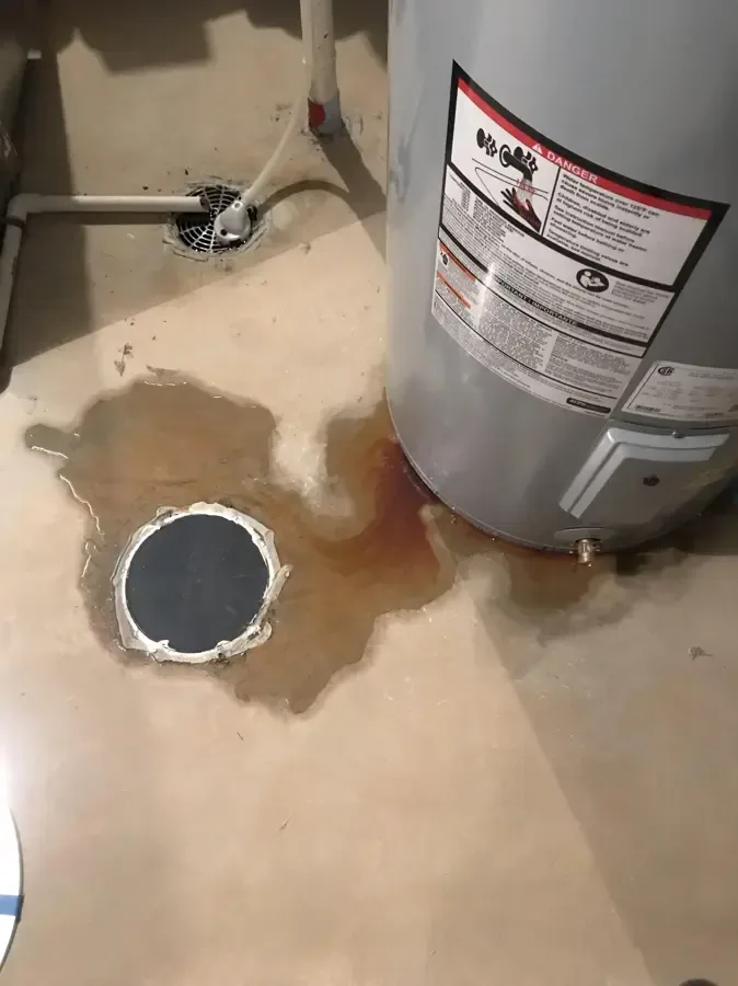 Water pooled around the base of a tank water heater