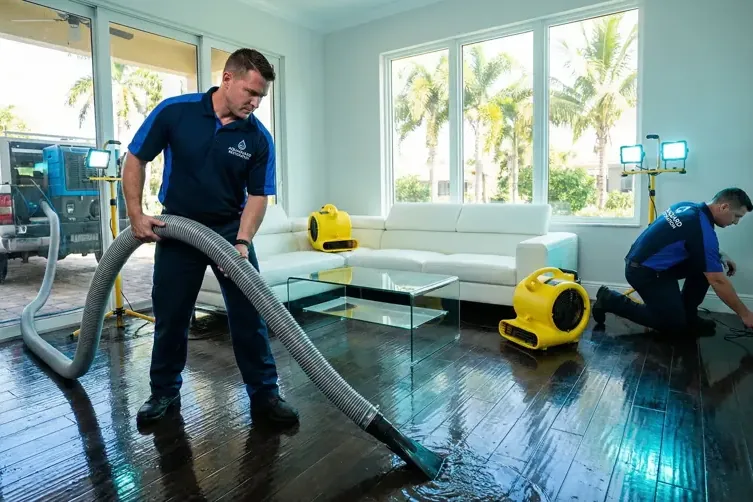 Restoration technician extracting water from a water-damaged home